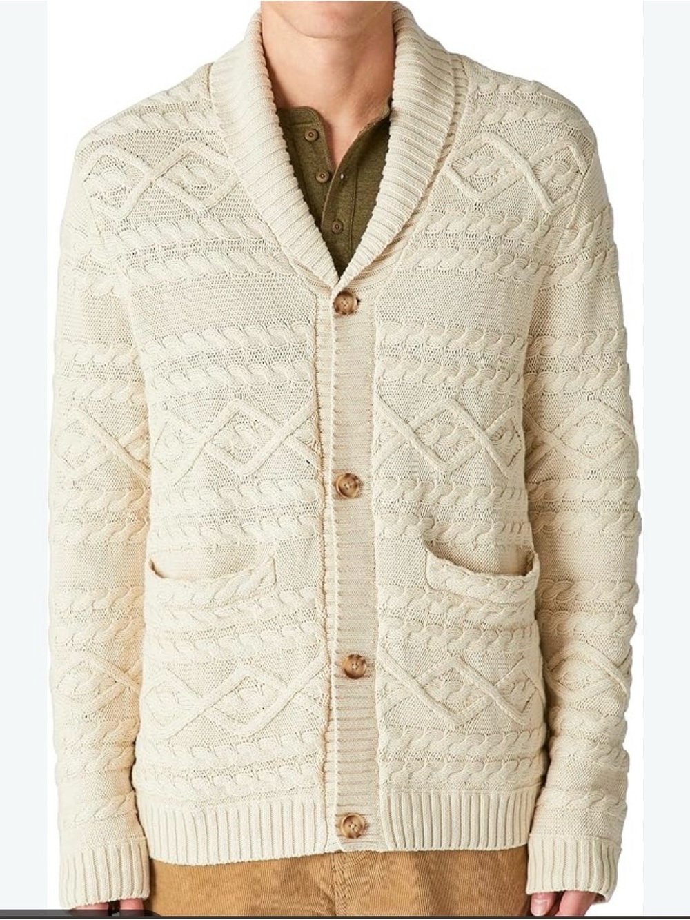 Lucky Brand Men’s Shawl Collar Cable Knot Cardigan Sweater Buttons Front Cotton
